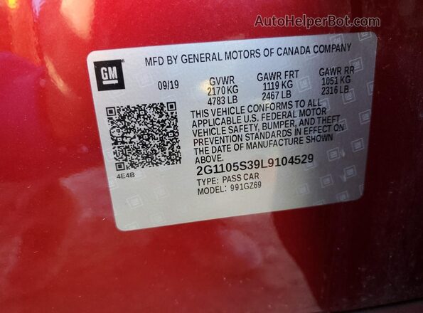 2G1105S39L9104529 2020 CHEVROLET IMPALA Red Widok naklejki z numerem VIN