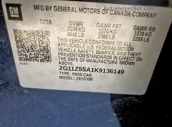 2G11Z5SA1K9136149 2019 CHEVROLET IMPALA Синий Вид подкапотного пространства