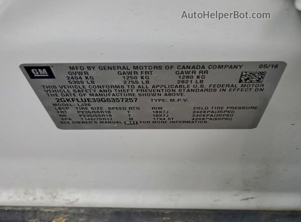 2GKFLUE39G6357257 2016 GMC TERRAIN Белый Вид наклейки с VIN-кодом