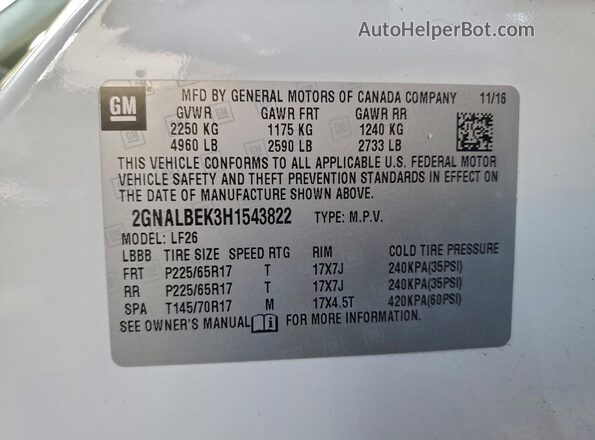 2GNALBEK3H1543822 2017 CHEVROLET EQUINOX Белый Вид наклейки с VIN-кодом