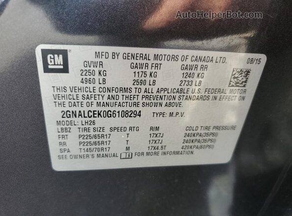 2GNALCEK0G6108294 2016 CHEVROLET EQUINOX Черный Вид наклейки с VIN-кодом