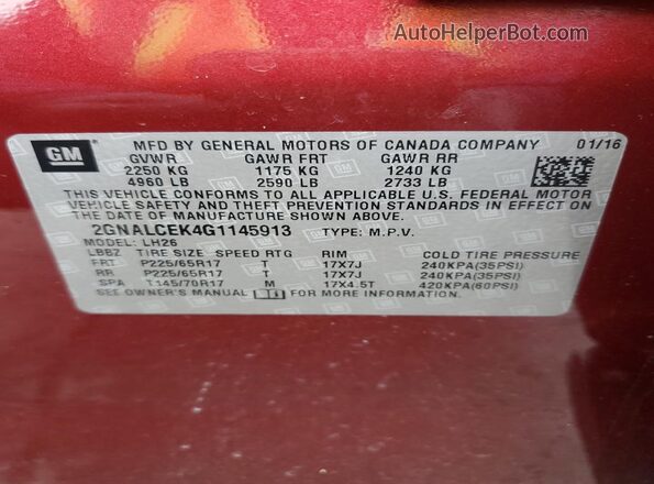 2GNALCEK4G1145913 2016 CHEVROLET EQUINOX Бордовый Вид наклейки с VIN-кодом