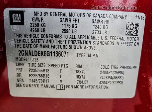 2GNALDEK6G1136071 2016 CHEVROLET EQUINOX Темно-бордовый Вид наклейки с VIN-кодом