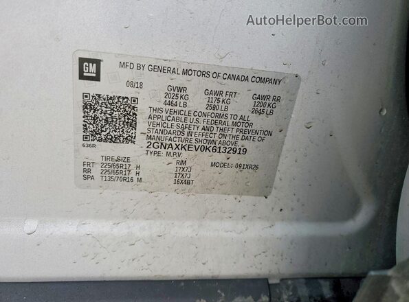 2GNAXKEV0K6132919 2019 CHEVROLET EQUINOX Серебряный Панорамный вид салона 360°