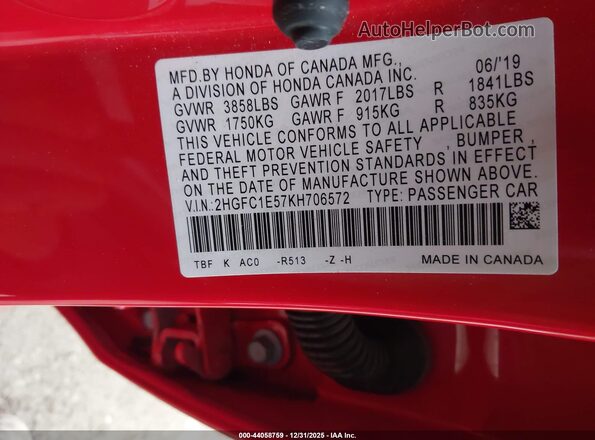 2HGFC1E57KH706572 2019 HONDA CIVIC SI Красный Вид подкапотного пространства