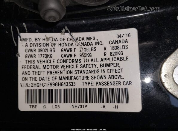 2HGFC1F99GH643533 2016 HONDA CIVIC Black Vista del compartimento del motor