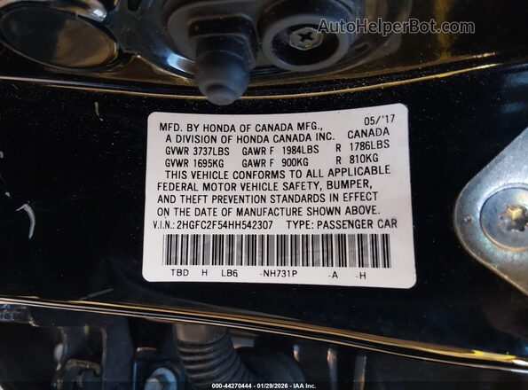 2HGFC2F54HH542307 2017 HONDA CIVIC Black Widok komory silnika