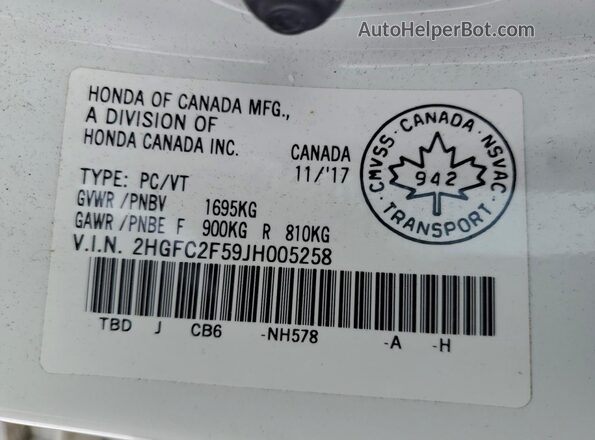 2HGFC2F59JH005258 2018 HONDA CIVIC White ძრავის განყოფილების ხედი
