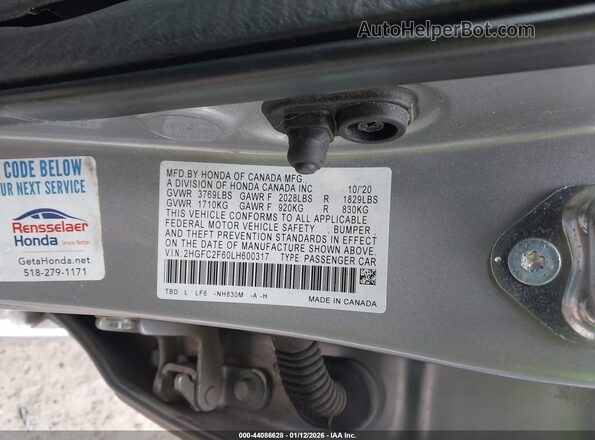 2HGFC2F60LH600317 2020 HONDA CIVIC Gray Շարժիչի բաժամունքի տեսք