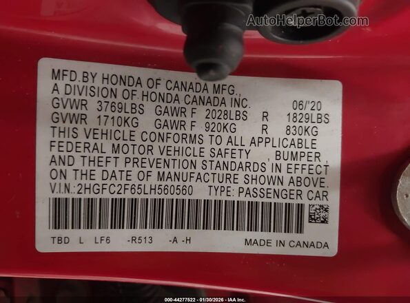 2HGFC2F65LH560560 2020 HONDA CIVIC Красный Вид подкапотного пространства