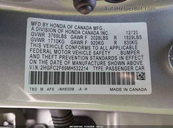 2HGFC2F69MH532214 2021 HONDA CIVIC Silver ძრავის განყოფილების ხედი