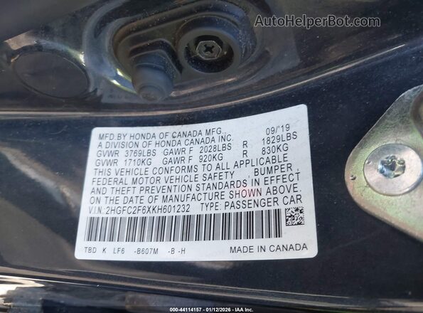 2HGFC2F6XKH601232 2019 HONDA CIVIC Gray Շարժիչի բաժամունքի տեսք