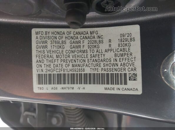 2HGFC2F81LH592858 2020 HONDA CIVIC Gray Vista del compartimento del motor