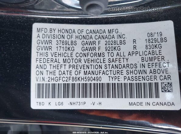 2HGFC2F86KH590490 2019 HONDA CIVIC Черный Вид подкапотного пространства