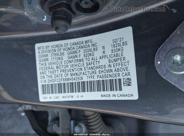 2HGFC2F88MH542508 2021 HONDA CIVIC Серый Вид подкапотного пространства