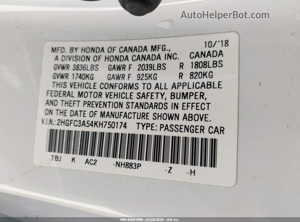 2HGFC3A54KH750174 2019 HONDA CIVIC SI Белый Вид подкапотного пространства