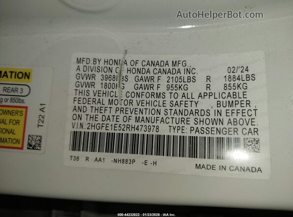 2HGFE1E52RH473978 2024 HONDA CIVIC SI Белый Вид подкапотного пространства