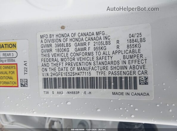 2HGFE1E52SH477115 2025 HONDA CIVIC SI White Vista del compartimento del motor