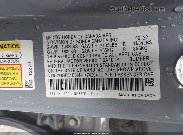 2HGFE1E56NH476294 2022 HONDA CIVIC SI Light Blue Вид подкапотного пространства
