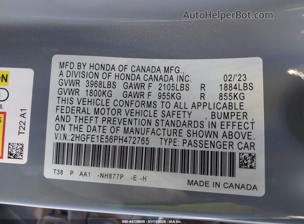 2HGFE1E56PH472765 2023 HONDA CIVIC SI Серый Вид подкапотного пространства