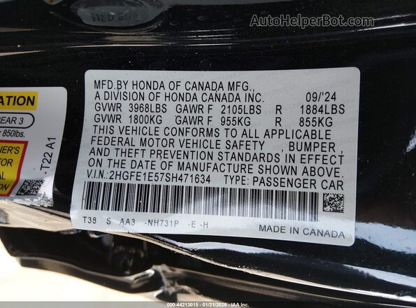 2HGFE1E57SH471634 2025 HONDA CIVIC SI Черный Вид подкапотного пространства