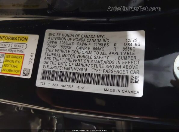 2HGFE1E59TH474018 2026 HONDA CIVIC SI Black Widok komory silnika