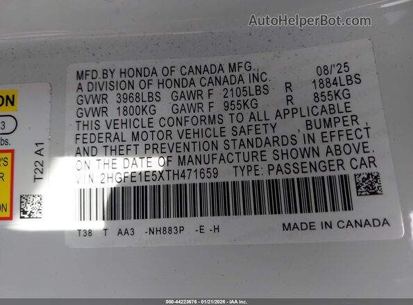 2HGFE1E5XTH471659 2026 HONDA CIVIC SI Белый Вид подкапотного пространства