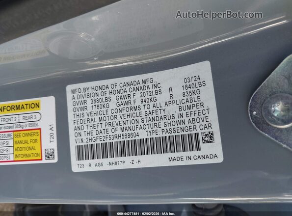 2HGFE2F53RH568604 2024 HONDA CIVIC Blue Widok komory silnika