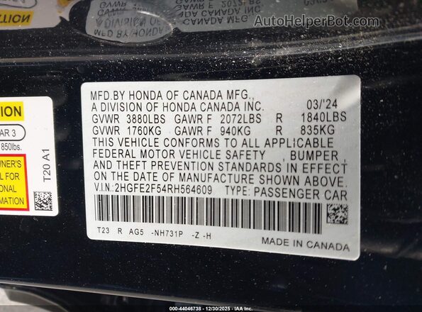 2HGFE2F54RH564609 2024 HONDA CIVIC Black Widok komory silnika