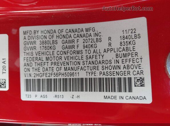 2HGFE2F56PH509611 2023 HONDA CIVIC Красный Вид подкапотного пространства