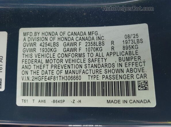 2HGFE4F81TH306660 2026 HONDA CIVIC HYBRID Blue Widok komory silnika