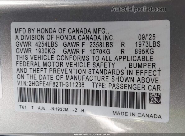 2HGFE4F82TH311236 2026 HONDA CIVIC HYBRID Silver Vista del compartimento del motor
