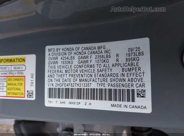 2HGFE4F82TH313357 2026 HONDA CIVIC HYBRID Серый Вид подкапотного пространства