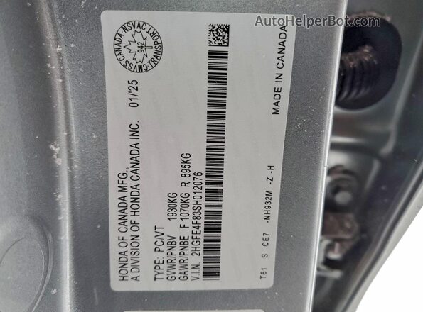 2HGFE4F83SH012076 2025 HONDA CIVIC Серебряный Вид наклейки с VIN-кодом