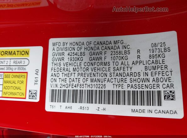 2HGFE4F85TH310226 2026 HONDA CIVIC HYBRID Red Շարժիչի բաժամունքի տեսք