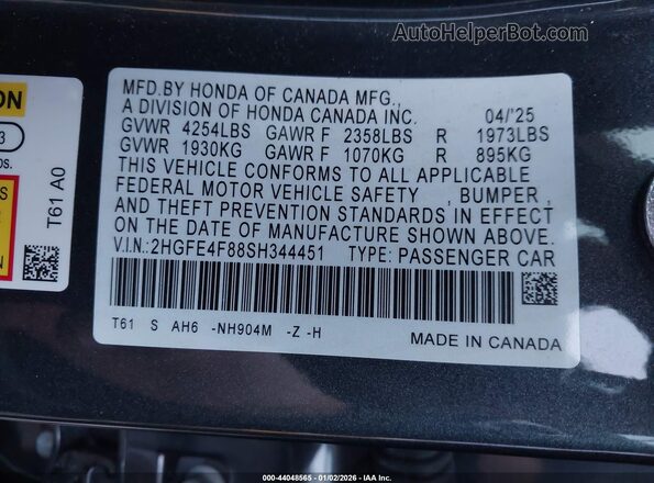 2HGFE4F88SH344451 2025 HONDA CIVIC HYBRID Серый Вид подкапотного пространства