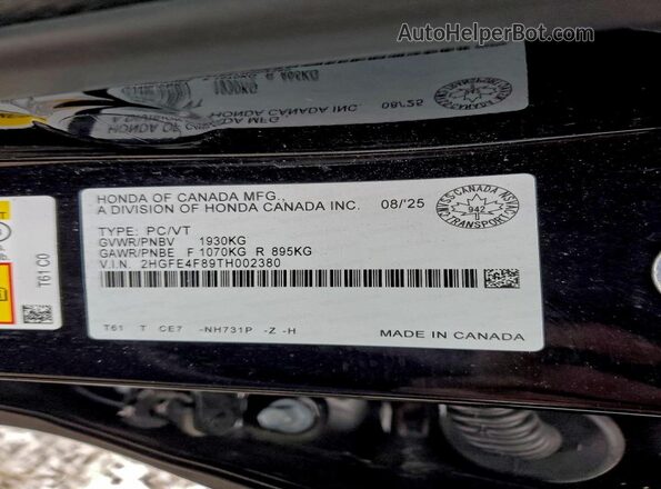 2HGFE4F89TH002380 2026 HONDA CIVIC Черный Вид подкапотного пространства