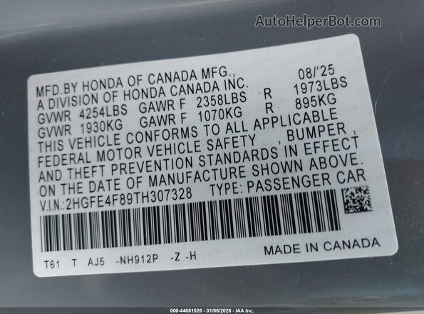 2HGFE4F89TH307328 2026 HONDA CIVIC HYBRID Gray ძრავის განყოფილების ხედი