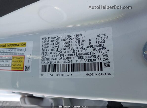 2HGFE4F89TH313954 2026 HONDA CIVIC HYBRID White Widok komory silnika