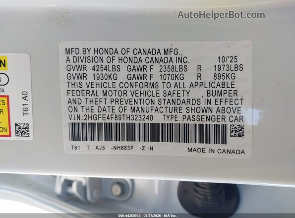 2HGFE4F89TH323240 2026 HONDA CIVIC HYBRID White Vista del compartimento del motor