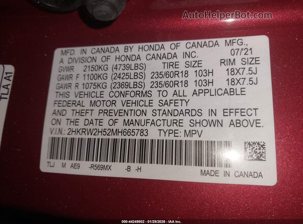 2HKRW2H52MH665783 2021 HONDA CR-V Красный Вид подкапотного пространства