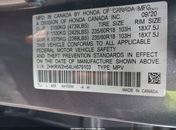 2HKRW2H54LH679103 2020 HONDA CR-V Серый Вид подкапотного пространства