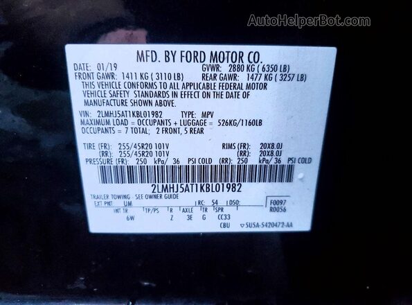 2LMHJ5AT1KBL01982 2019 LINCOLN MKT Черный Вид наклейки с VIN-кодом