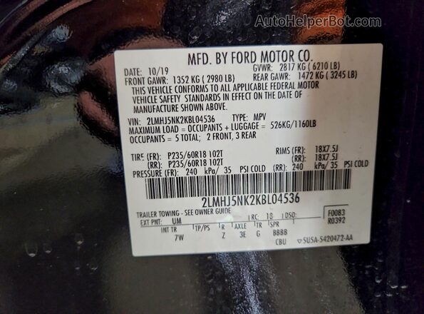 2LMHJ5NK2KBL04536 2019 LINCOLN MKT Black Vista del compartimento del motor