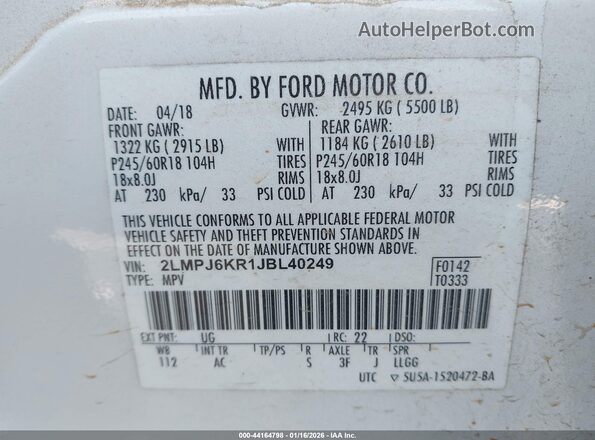 2LMPJ6KR1JBL40249 2018 LINCOLN MKX Белый Вид подкапотного пространства