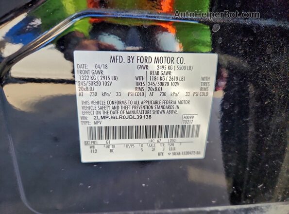 2LMPJ6LR0JBL39138 2018 LINCOLN MKX Black Vista de la etiqueta del VIN