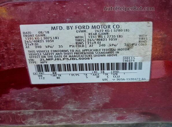 2LMPJ8LP5JBL50081 2018 LINCOLN MKX Red Vista de la etiqueta del VIN