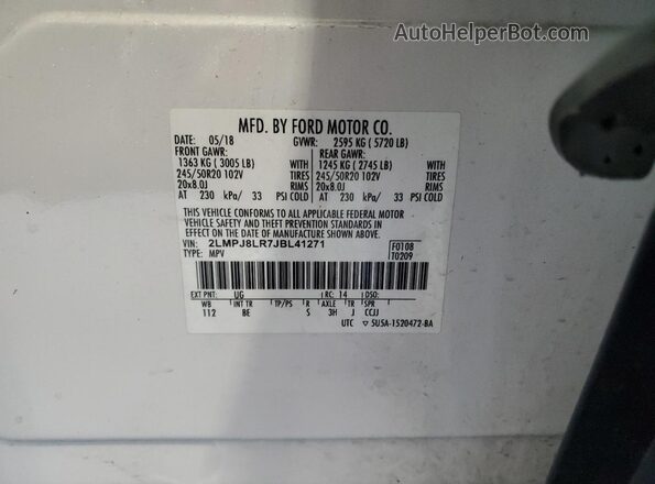 2LMPJ8LR7JBL41271 2018 LINCOLN MKX White Вид наклейки з VIN-кодом