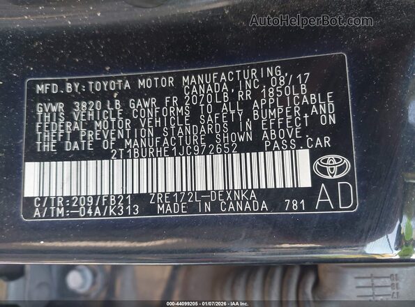 2T1BURHE1JC972652 2018 TOYOTA LL Черный Вид подкапотного пространства