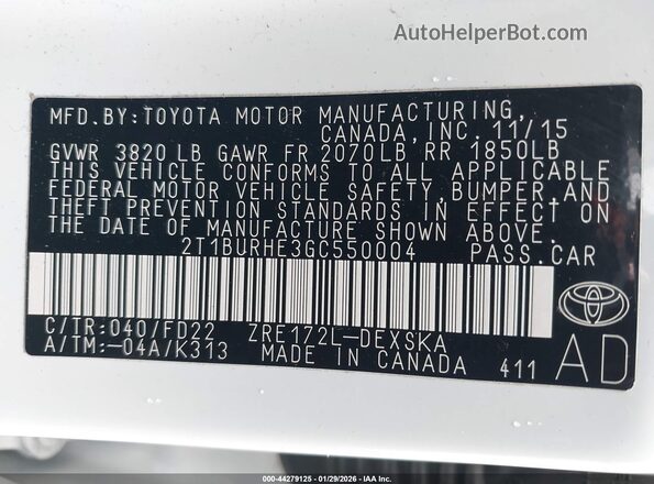2T1BURHE3GC550004 2016 TOYOTA LL White ძრავის განყოფილების ხედი